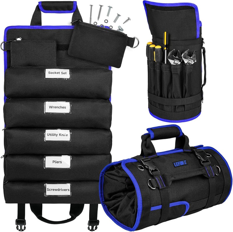 LEFORZ Tool Bag,Large Roll Up Tool Bag Organizer,13 Pockets Tool Roll Storage Pouch,Heavy Duty Portable Tool Storage Carrier Bag for Men,Mechanic,Electrician & Hobbyist,Black/Blue - Image 1